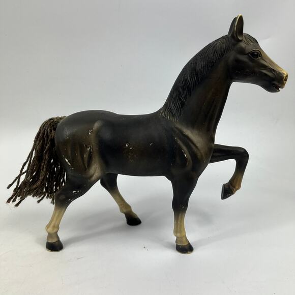 Vintage KT 1970s Black Rearing Plastic Horse Figure Toy Yarn Tail Hong Kong 10" - Picture 3 of 13